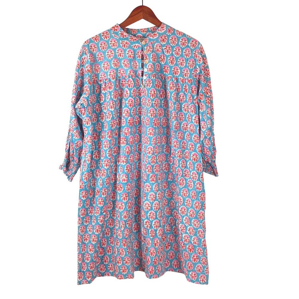 Le Bazar Coastal Dress CoverUp XL Resort Block Print Cotton Shift Beach Casual